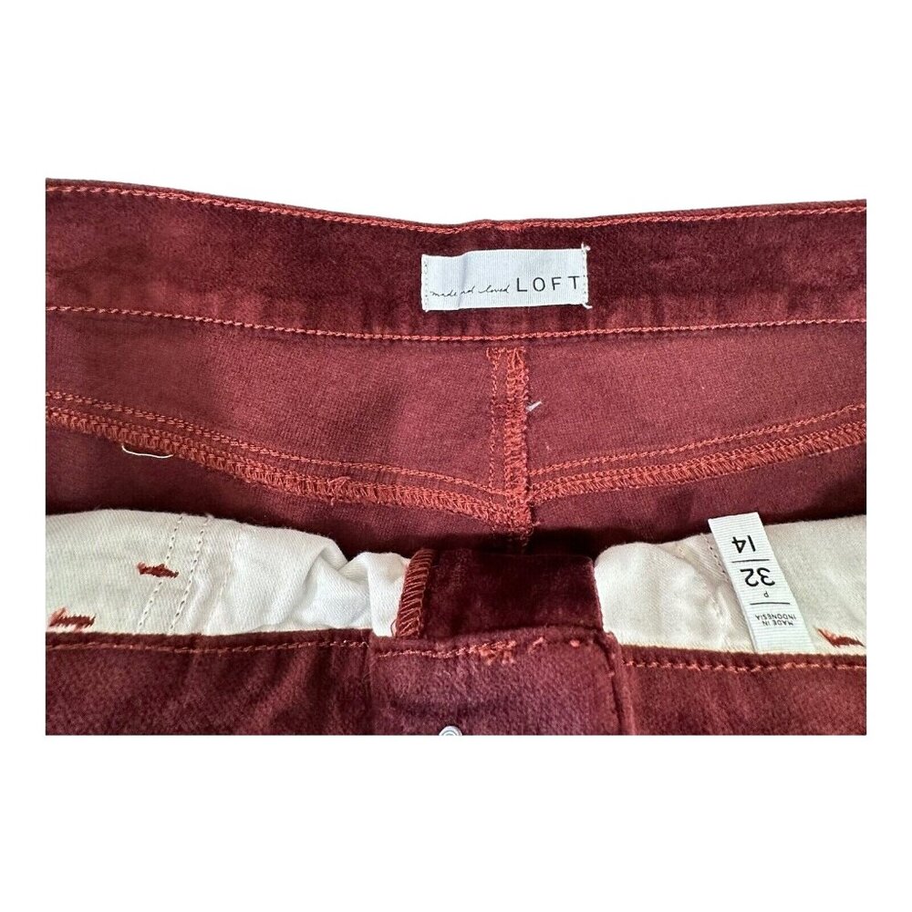 LOFT Red Maroon Burgundy Velvet Pant Women SZ 14/32 Petite-Modern Skinny - Picture 3 of 16